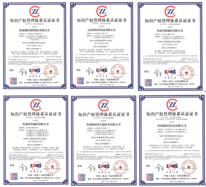 魯南制藥集團(tuán)及其五家子公司獲得知識(shí)產(chǎn)權(quán)管理體系認(rèn)證證書|專利|著作